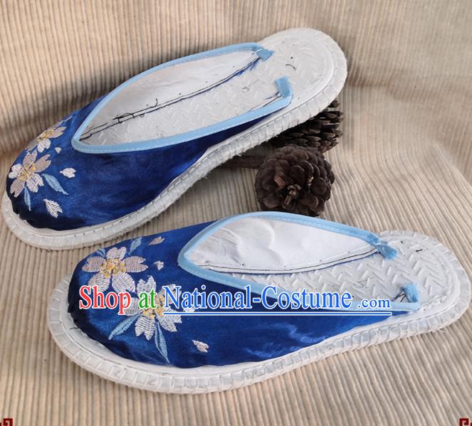 Chinese National Royalblue Satin Shoes Handmade Embroidery Shoes Woman Strong Cloth Slippers