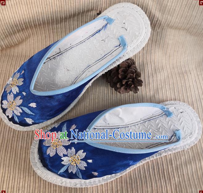 Chinese National Royalblue Satin Shoes Handmade Embroidery Shoes Woman Strong Cloth Slippers