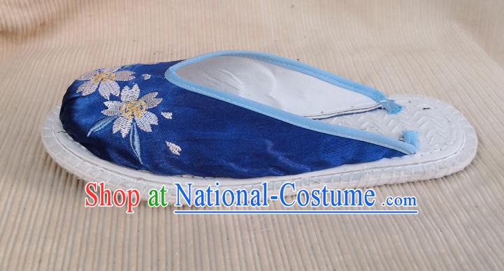 Chinese National Royalblue Satin Shoes Handmade Embroidery Shoes Woman Strong Cloth Slippers