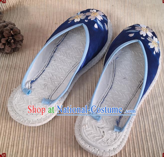 Chinese National Royalblue Satin Shoes Handmade Embroidery Shoes Woman Strong Cloth Slippers