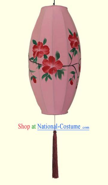 China Classical Pink Cloth Lamp Traditional Festival Hanging Lanterns Hand Painting Peach Blossom Lantern