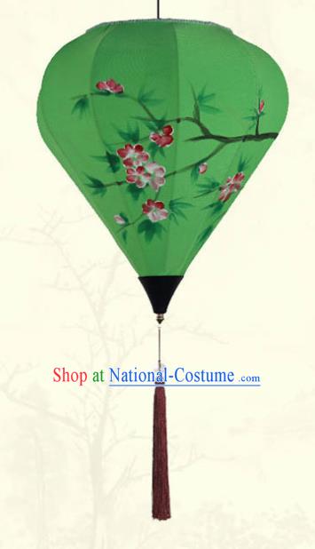 China Traditional New Year Diamond Lanterns Handmade Painting Begonia Lantern Classical Green Cloth Hanging Lamp