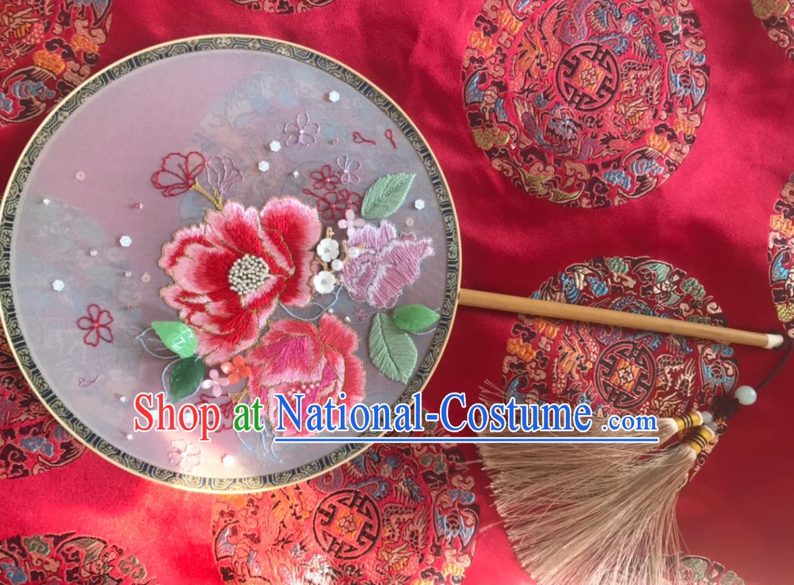 China Handmade Bride Silk Palace Fan Traditional Hanfu Dance Fans Wedding Embroidered Peony Fan