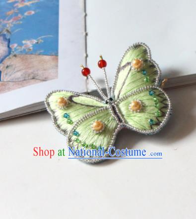 Handmade China Embroidered Green Butterfly Hair Stick Classical Qipao Pearls Hair Accessories