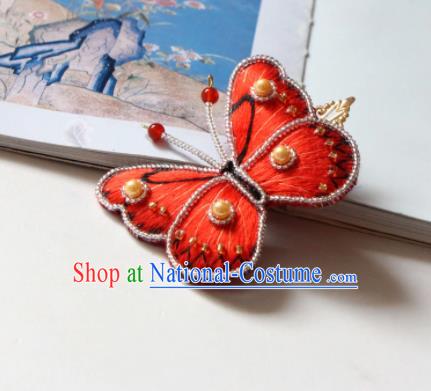 Handmade China Classical Qipao Pearls Hair Accessories Embroidered Red Butterfly Hair Stick