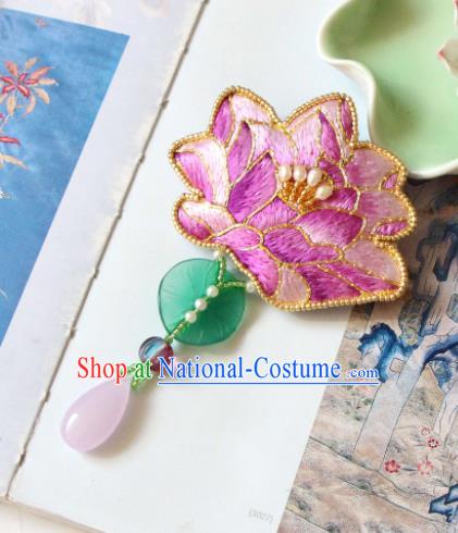 Handmade China Embroidered Lotus Pink Brooch Classical Jade Leaf Tassel Breastpin Accessories