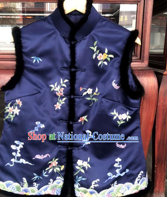 Chinese Traditional Tang Suit Upper Outer Garment Suzhou Embroidered Cotton Padded Vest National Navy Silk Waistcoat