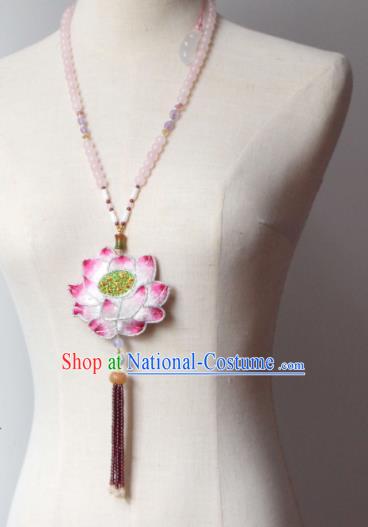 Handmade China Classical Garnet Beads Tassel Necklace Accessories Embroidered Pink Lotus Necklet