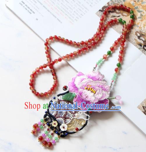 Handmade China Embroidered Purple Peony Necklet Classical Qipao Tassel Necklace Accessories