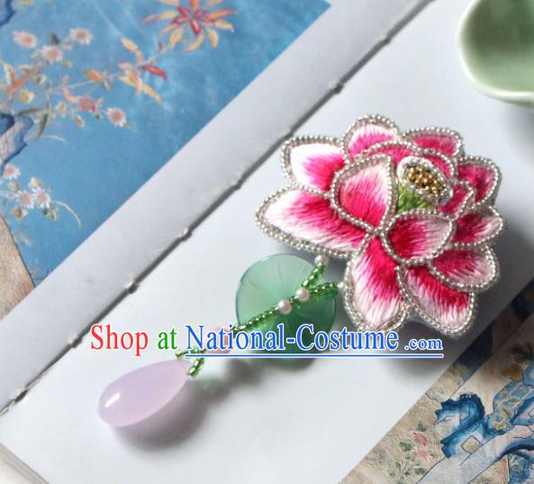 Handmade China Classical Qipao Jade Lotus Leaf Brooch Accessories Embroidered Pink Breastpin