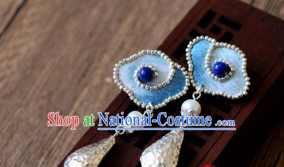 China National Cheongsam Ear Jewelry Handmade Silver Ear Accessories Suzhou Embroidered Blue Cloud Earrings