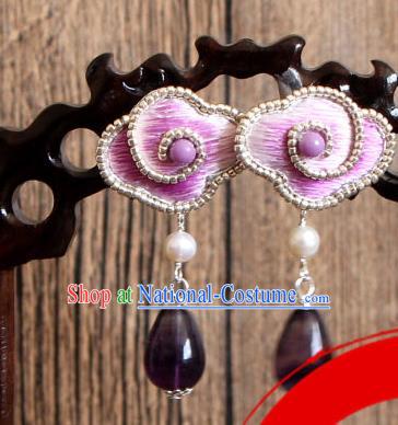 China National Cheongsam Ear Jewelry Handmade Amethyst Tassel Ear Accessories Suzhou Embroidered Lilac Cloud Earrings