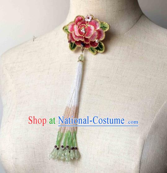 Handmade China Classical Qipao Beads Tassel Brooch Accessories Embroidered Pink Peony Breastpin