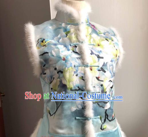 Chinese Traditional Tang Suit Upper Outer Garment National Woman Blue Silk Vest Suzhou Embroidered Mangnolia Waistcoat