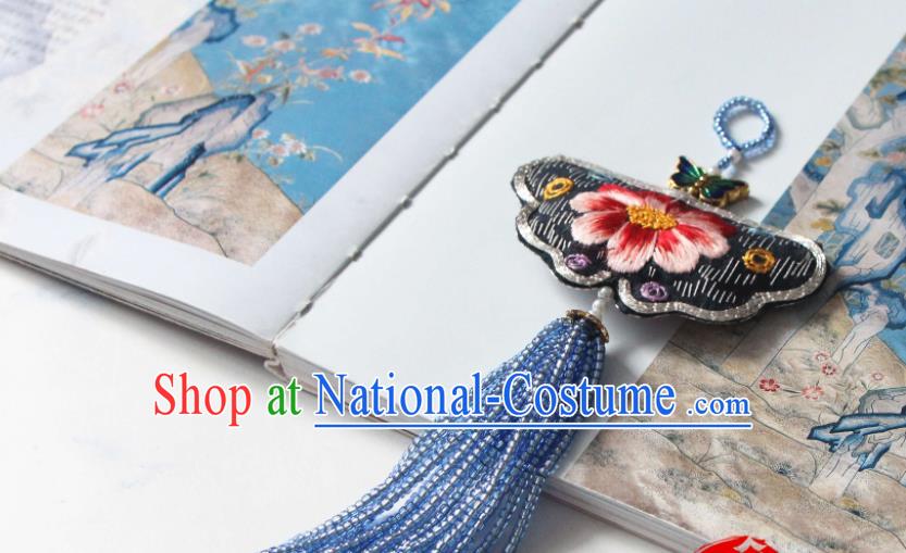 Handmade China Classical Hanfu Blue Beads Tassel Brooch Accessories Suzhou Embroidered Black Belt Pendant