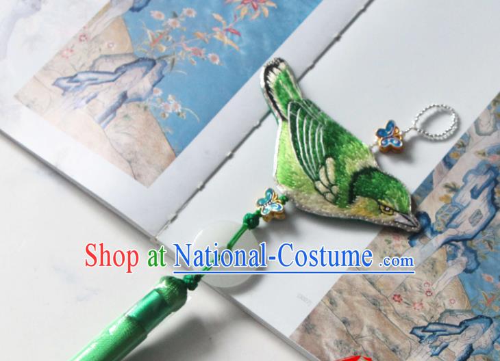 Handmade China Classical Hanfu Tassel Jade Waist Accessories Suzhou Embroidered Green Bird Belt Pendant