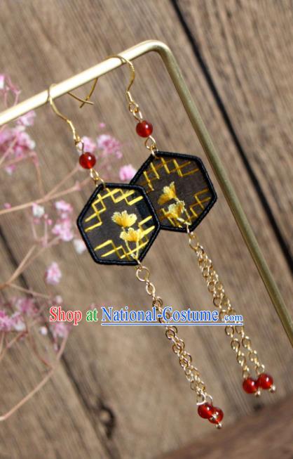 China Suzhou Embroidered Ginkgo Leaf Earrings National Cheongsam Ear Jewelry Handmade Golden Tassel Ear Accessories