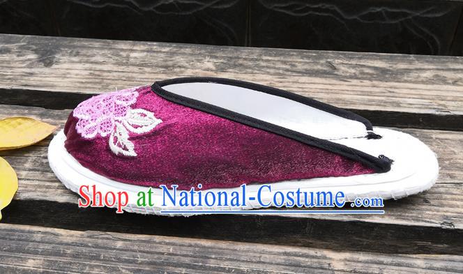 Chinese National Shoes Handmade Embroidery Purple Satin Shoes Woman Slippers