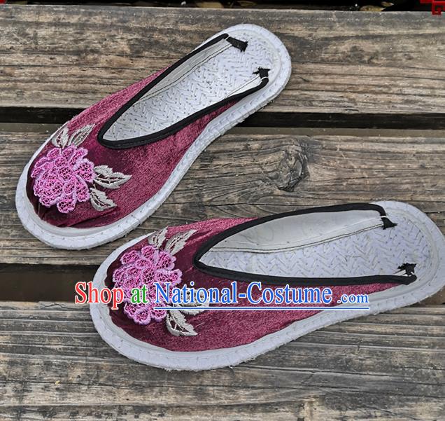 Chinese National Shoes Handmade Embroidery Purple Satin Shoes Woman Slippers