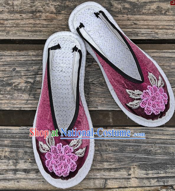 Chinese National Shoes Handmade Embroidery Purple Satin Shoes Woman Slippers