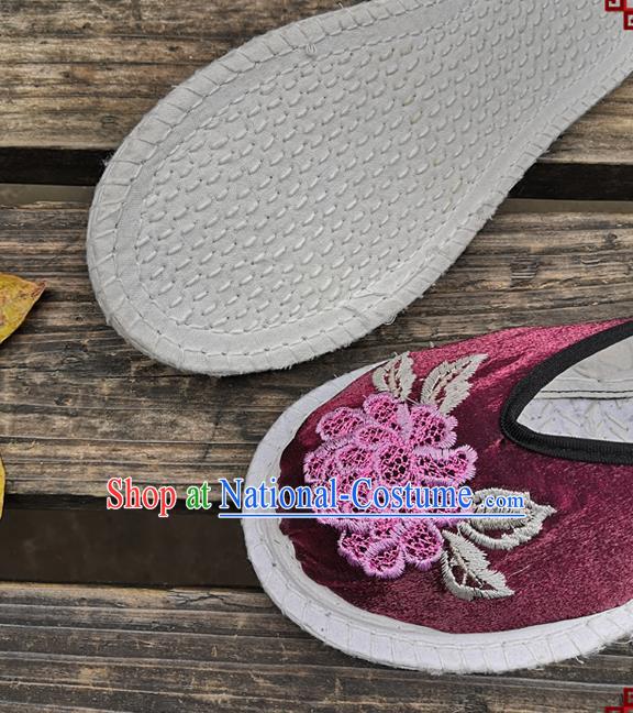 Chinese National Shoes Handmade Embroidery Purple Satin Shoes Woman Slippers