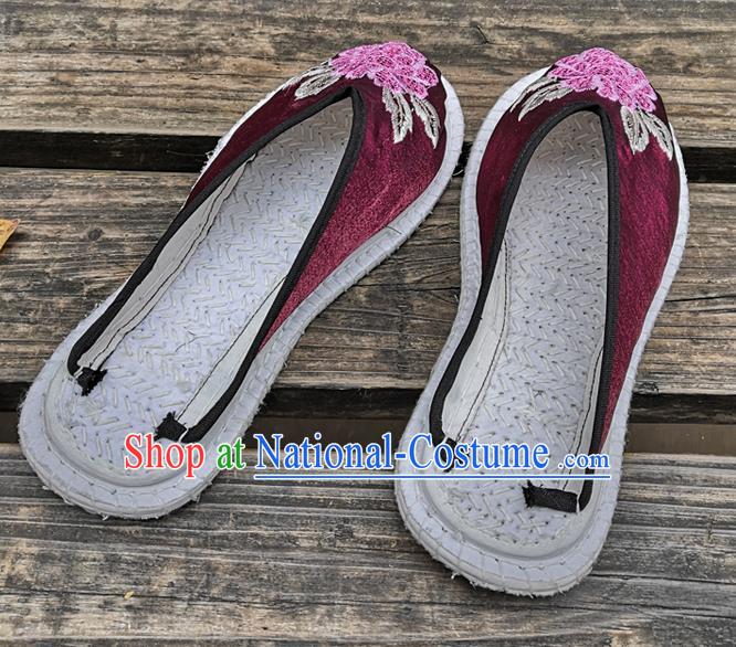 Chinese National Shoes Handmade Embroidery Purple Satin Shoes Woman Slippers