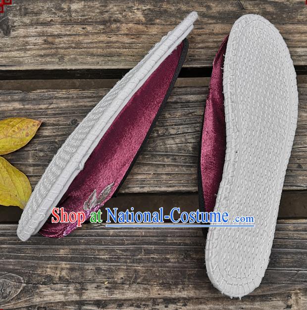 Chinese National Shoes Handmade Embroidery Purple Satin Shoes Woman Slippers