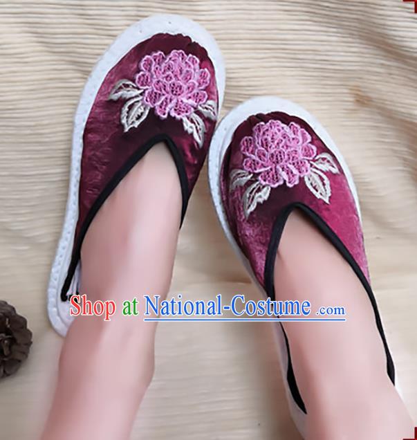 Chinese National Shoes Handmade Embroidery Purple Satin Shoes Woman Slippers