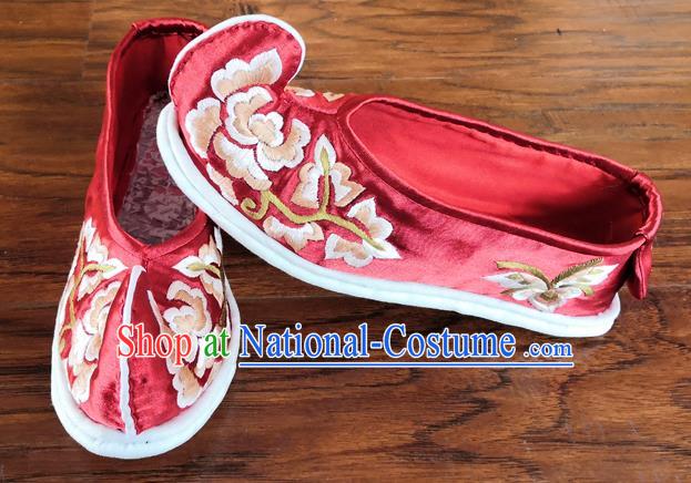 Handmade China Wedding Bride Embroidered Shoes National Woman Cloth Shoes Yunnan Ethnic Red Satin Shoes