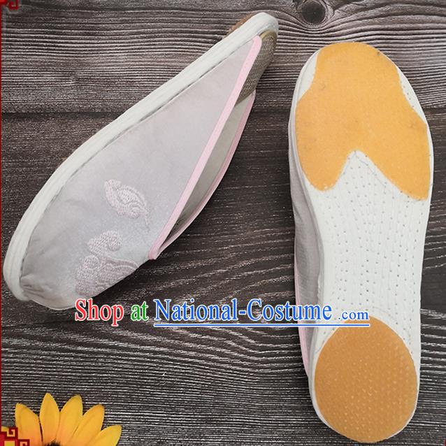 Chinese Woman Slippers National Shoes Handmade Embroidery Cloud Argent Satin Shoes