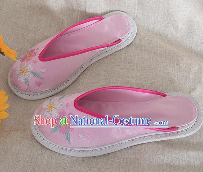 Chinese Handmade Embroidery Sakura Pink Satin Shoes Woman Slippers National Shoes