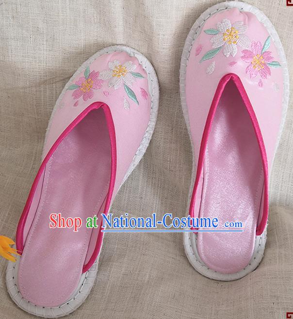 Chinese Handmade Embroidery Sakura Pink Satin Shoes Woman Slippers National Shoes