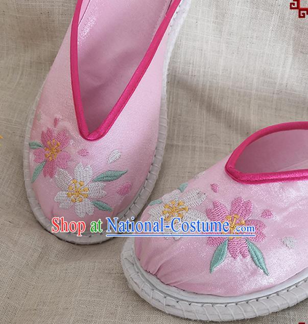 Chinese Handmade Embroidery Sakura Pink Satin Shoes Woman Slippers National Shoes