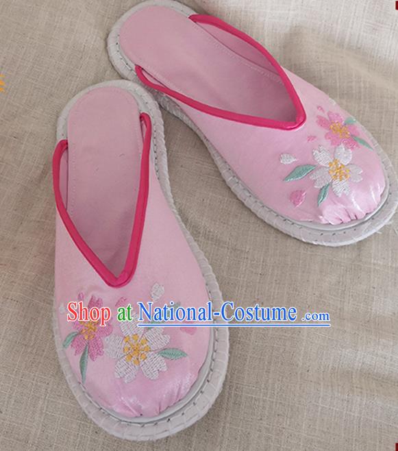 Chinese Handmade Embroidery Sakura Pink Satin Shoes Woman Slippers National Shoes