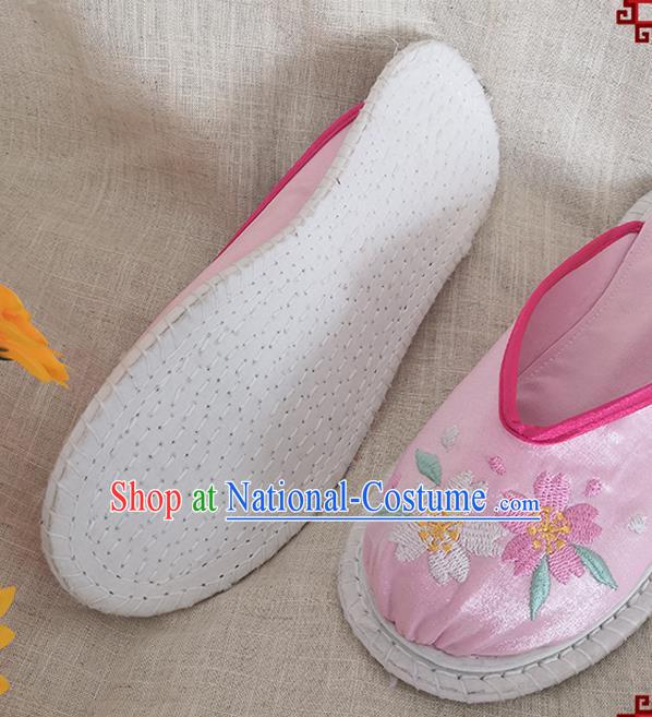 Chinese Handmade Embroidery Sakura Pink Satin Shoes Woman Slippers National Shoes