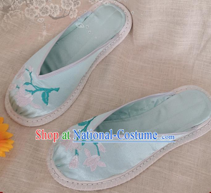 Chinese National Strong Cloth Shoes Handmade Embroidery Light Green Satin Shoes Woman Slippers