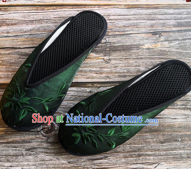 Chinese Woman Slippers National Female Shoes Handmade Embroidery Deep Green Satin Shoes