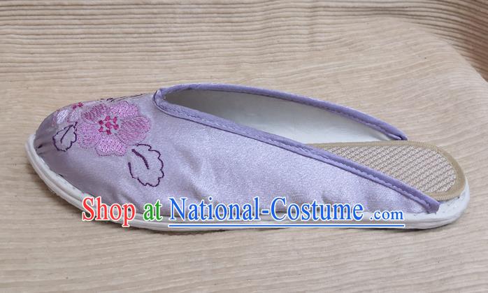 Chinese Handmade Embroidery Lilac Satin Shoes Woman Slippers National Strong Cloth Shoes