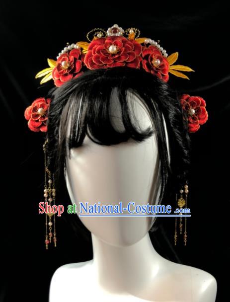 China Song Dynasty Wedding Red Peony Hair Crown Traditional Hanfu Headpiece Ancient Bride Tassel Hairpins Hair Accessories