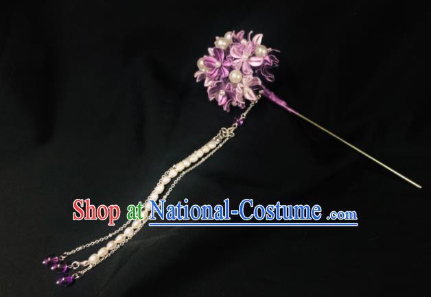 China Traditional Hanfu Hair Accessories Ancient Young Lady Pearls Tassel Hair Stick Song Dynasty Princess Purple Silk Hydrangea Hairpin