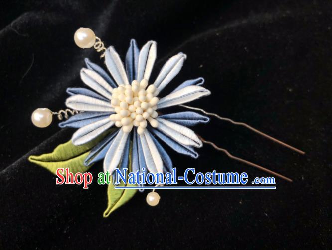 China Handmade Blue Silk Chrysanthemum Hairpin Traditional Hanfu Hair Accessories Ancient Palace Lady Hair Stick