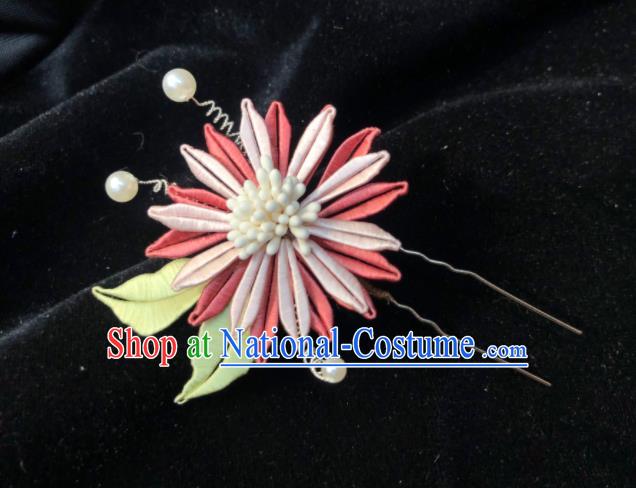 China Handmade Red Silk Chrysanthemum Hairpin Traditional Hanfu Hair Accessories Ancient Court Beauty Hair Stick