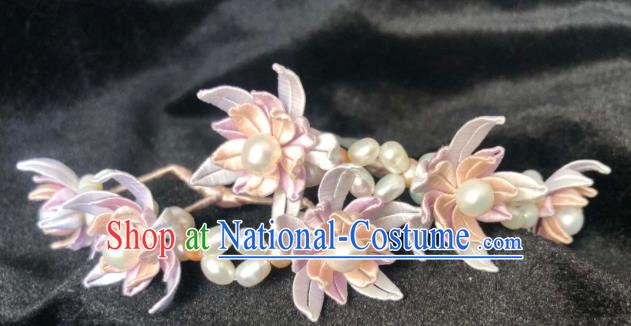 China Handmade Pearls Hairpin Traditional Hanfu Headpiece Ancient Princess Lilac Silk Flowers Hair Stick