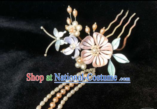 China Handmade Silk Butterfly Flowers Hairpin Traditional Hanfu Headpiece Ancient Princess Pearls Tassel Hair Comb