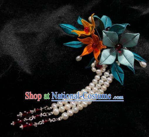 China Handmade Beads Tassel Hairpin Traditional Hanfu Headpiece Ancient Princess Green Silk Lily Flowers Hair Comb