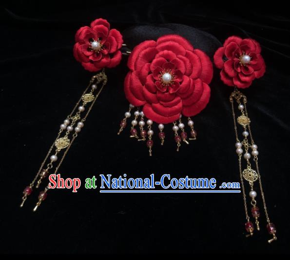 China Handmade Red Silk Peony Hairpin Traditional Hanfu Wedding Headpieces Ancient Bride Hair Crown