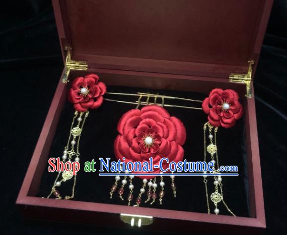 China Handmade Red Silk Peony Hairpin Traditional Hanfu Wedding Headpieces Ancient Bride Hair Crown