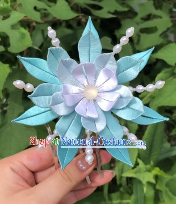 China Handmade Blue Silk Epiphyllum Hairpin Traditional Hanfu Headpieces Ancient Young Beauty Hair Comb