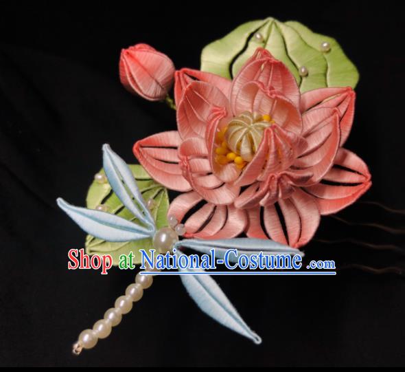 China Handmade Pink Silk Lotus Hairpin Traditional Hanfu Headpieces Ancient Song Dynasty Princess Hair Comb