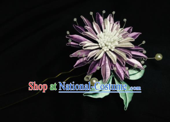 China Handmade Purple Silk Cornflower Hairpin Traditional Song Dynasty Hanfu Headpiece Ancient Palace Lady Hair Stick